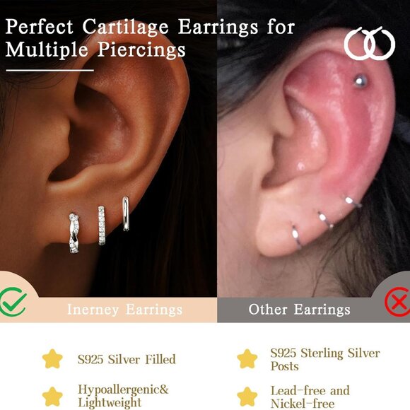 Gold Huggie Hoop Earrings Set for Women, Dainty Small Sterling Silver Earring St - Picture 4 of 9